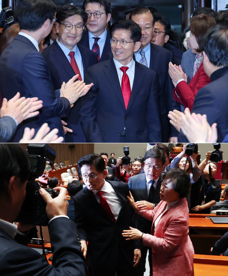 김문수 국민의힘 대통령 후보가 9일 서울 여의도 국회에서 권영세 비대위원장, 권성동 원내대표와 의원총회에 입장하며 박수를 받는 모습(위)과 김 후보가 지도부를 향해 "무소속을 당 후보 만들려 불법부당 수단 동원, 중단하라＂며 입장을 밝힌 뒤 의총장을 떠나자 의원들이 붙잡는 모습. 2025.5.9/뉴스1 ⓒ News1 김민지 기자,안은나 기자