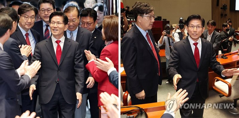 김문수 후보 의원총회장 '들어갈 때와 나올 때' (출처=연합뉴스)