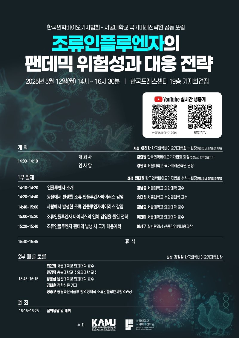 [서울=뉴시스]한국의학바이오기자협회는 서울대학교 국가미래전략원과 공동으로 오는 12일 오후 2시 서울 중구 한국프레스센터 19층 기자회견장에서 ‘조류인플루엔자의 팬데믹 위험성과 대응 전략’ 포럼을 개최한다. (사진= 한국의학바이오기자협회 제공) 2025.05.09. photo@newsis.com.