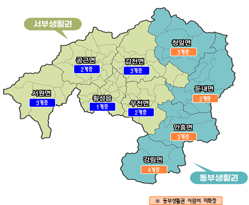 횡성군 동부생활권과 서부생활권 위치도. 강원도 제공