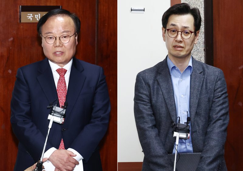 (서울=뉴스1) 김민지 기자 = 김문수 국민의힘 대통령 후보 대리인인 김재원 비서실장(왼쪽)과 한덕수 무소속 대선 예비후보 대리인인 손영택 전 국무총리 비서실장이 9일 서울 여의도 국회에서 열린 단일화 협상 관련 회동을 마치고 각각 브리핑을 하고 있다. 2025.5.9/뉴스1 /사진=뉴스1화상