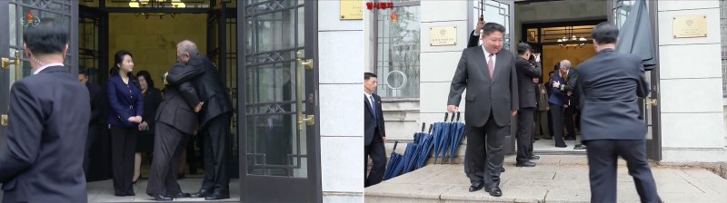 김정은 북한 국무위원장이 러시아의 제2차 세계대전 승리 기념일(전승절) 80주년을 맞아 지난 5월 9일 평양 주재 러시아 대사관을 방문하고 있다. 사진은 북한 주재 러시아대사 알렉산드르 마체고라가 김 위원장의 대사관 환송시 포옹하는 모습과 주애의 볼에 가볍게 입맞춤하는 모습. 조선중앙TV/ 연합뉴스