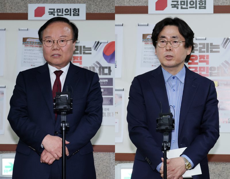 김문수 국민의힘 대통령 후보 대리인인 김재원 비서실장(왼쪽)과 한덕수 예비후보 대리인인 윤기찬 정책 대변인이 10일 서울 여의도 국회에서 단일화 협상 관련 회동을 마치고 각각 브리핑을 하고 있다. 2025.5.10/뉴스1 ⓒ News1 안은나 기자