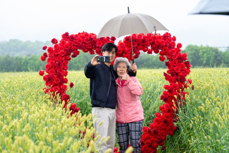 10일 충북 증평군 증평읍 송산리 일원에서 열린 '청보리밭 축제'에서 관람객이 기념 사진을 찍고 있다.(증평군 제공)/뉴스1