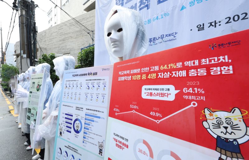 푸른나무재단 직원들이 지난해 7월 24일 오전 서울 서초구 푸른나무재단에서 열린 전국 학교폭력·사이버폭력 실태조사 발표 기자회견에서 학교 폭력을 멈출 것을 촉구하는 퍼포먼스를 하고 있다. /뉴스1 ⓒ News1 신웅수 기자