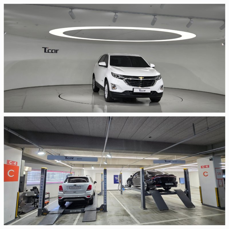 8일 경기도 부천의 중고차매매단지 5층에 자리한 롯데렌탈 T카 부천점 전시장 모습. 롯데렌탈 중고차 소매 전문 브랜드 T카는 전시장에 차량 사진을 찍는 '포토존'(위)과 성능 검사를 할 수 있는 리프트 2대(아래)를 운영하고 있다. 2025.05.08/뉴스1 김성식 기자