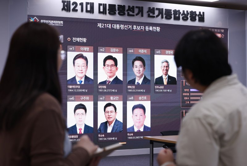 제21대 대통령 선거 공식 선거운동이 시작된 12일 경기도 과천시 중앙선거관리위원회에 마련된 대통령선거 종합상황실 전광판에 후보자들의 사진이 게시돼 있다. 2025.5.12/뉴스1 ⓒ News1 박지혜 기자