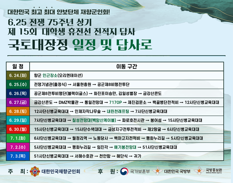 재향군인회 "8박9일 안보현장 견학" 대학생 국토대장정 대원 모집