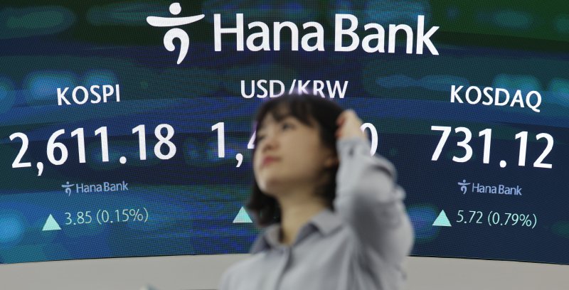 13일 오전 서울 중구 하나은행 본점 딜링룸 전광판에 코스피와 코스닥 지수가 표시되고 있다. 뉴스1 제공