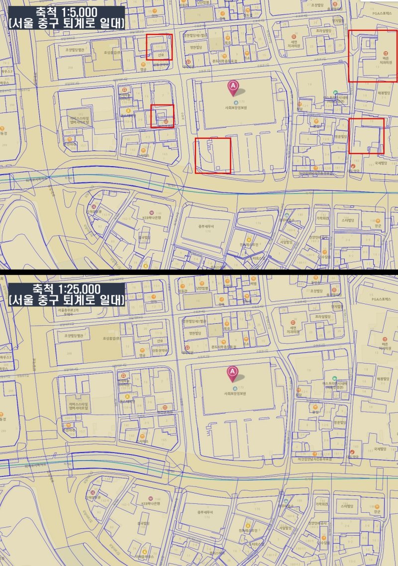 [서울=뉴시스] 국토정보플랫폼 '국토정보맵'에서 뉴시스 사무실이 위치한 서울 중구 퇴계로 173 일대를 축척 1대 5000(위쪽), 1대 2만5000(아래쪽) 수치지도(파란색 선)를 일반 지도 위에 표현한 모습. 1대 5000과 1대 2만5000 지도를 비교한 결과 세부 건물 형태, 규모가 작은 건물, 폭이 짧은 길(빨간색 네모)을 제외하고는 주요 건물, 도로를 확인할 수 있다. (사진=국토정보플랫폼 '국토정보맵' 캡처)