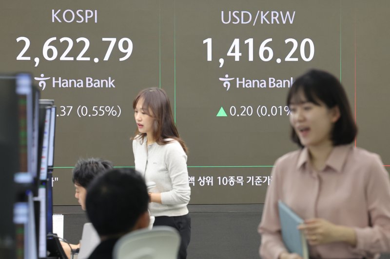 코스피가 상승출발한 14일 서울 중구 하나은행 딜링룸 현황판에 코스피 지수, 원/달러 환율 등이 표시되고 있다. /사진=연합뉴스