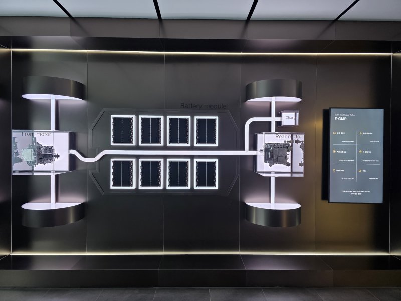 [광명=뉴시스] 박현준 기자 = 지난 16일 기아 오토랜드(AutoLand) 광명 내 브랜드관에 현대차그룹 전기차 전용 플랫폼 'E-GMP' 시스템을 소개하는 시설이 설치되어 있다. 2025.05.16. parkhj@newsis.com *재판매 및 DB 금지