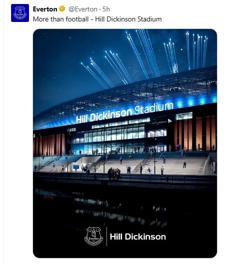 힐 디큰슨과 경기장 명칭 사용권 계약 소식을 전한 에버턴. (출처=연합뉴스)