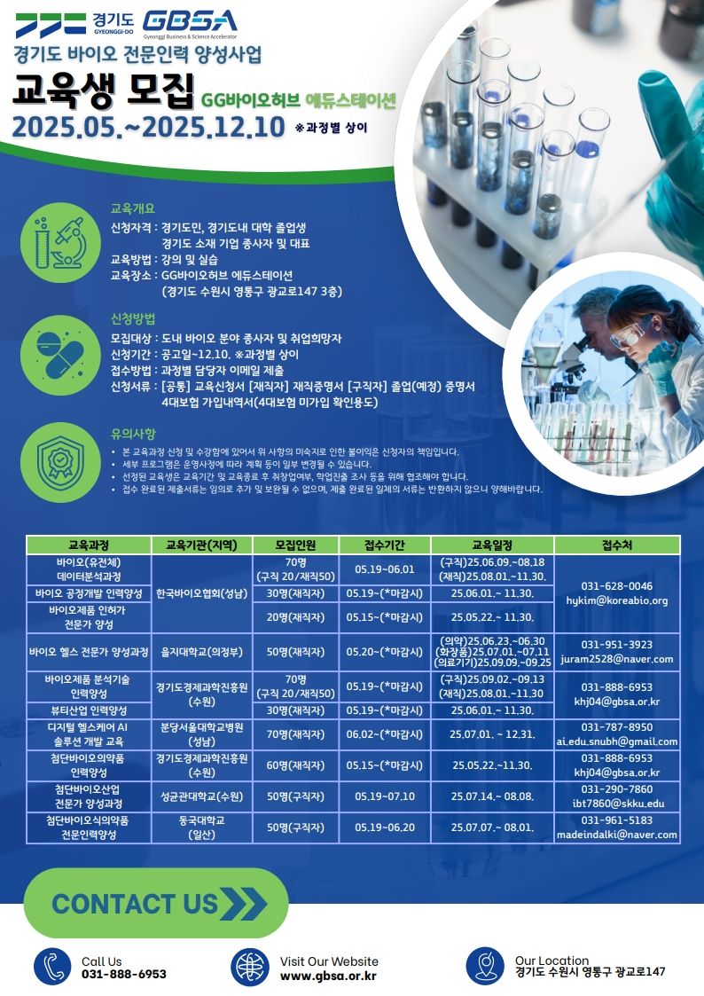 경기도, 바이오 전문인력 500명 양성...19일부터 교육생 모집