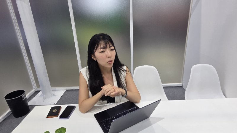 석미은 시놀로지 시니어 세일즈 매니저가 컴퓨텍스 2025 시놀로지 전시관 내 미팅룸에서 진행한 인터뷰에서 발언하고 있다. 2025.5.21/뉴스1 ⓒ News1 김민석 기자