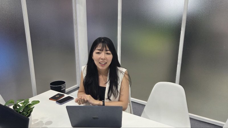 석미은 시놀로지 시니어 세일즈 매니저가 컴퓨텍스 2025 시놀로지 전시관 내 미팅룸에서 진행한 인터뷰에서 발언하고 있다. 2025.5.21/뉴스1 ⓒ News1 김민석 기자