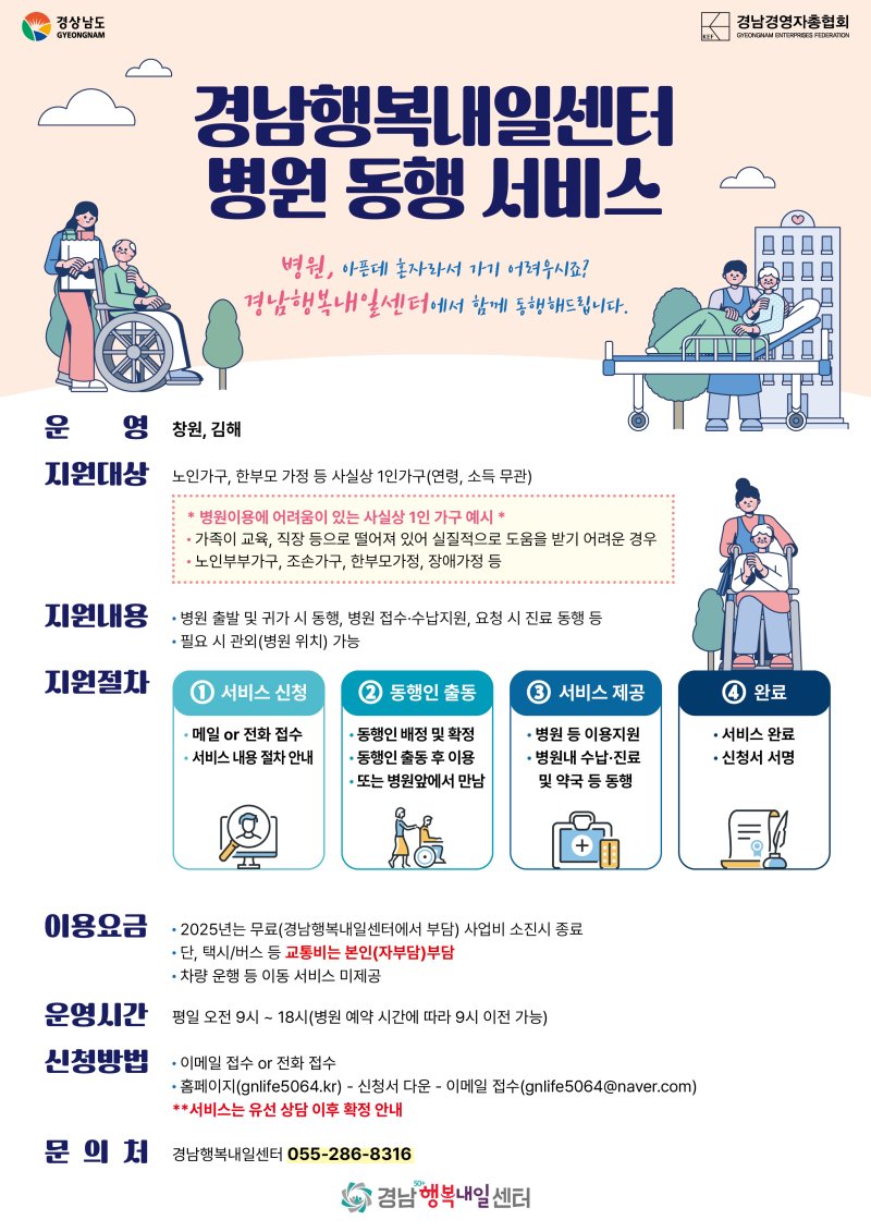 [창원=뉴시스]경남경영자총협회에서 위탁 운영하는 경남행복내일센터의 병원동행 서비스 이용 안내 포스터.(자료=경남행복내일센터 제공) 2025.05.22. photo@newsis.com