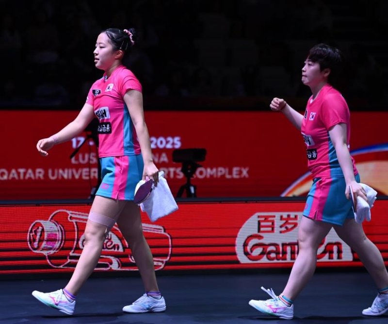 세계탁구선수권 여자복식 4강 패배 후 걸어 나오는 신유빈(왼쪽)과 유한나 (출처=연합뉴스)