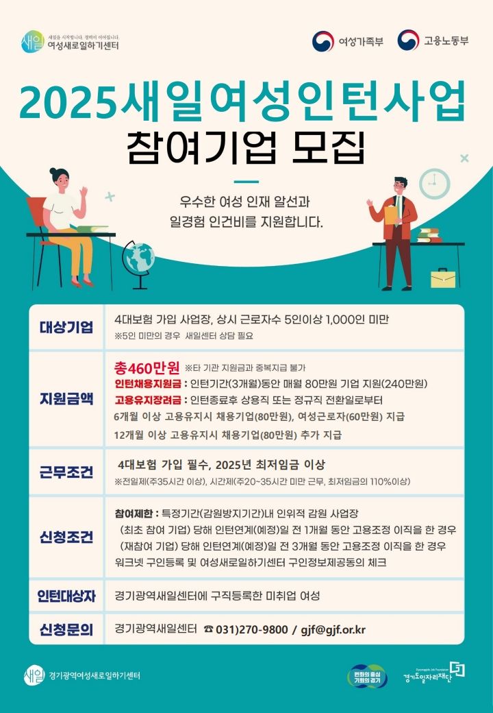 경기도일자리재단, 최대 460만원 지원...'새일여성인턴 사업' 참여기업 상시 모집