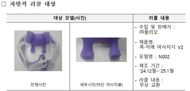 풀리오 목·어깨 마사지기 자발적 리콜 실시
