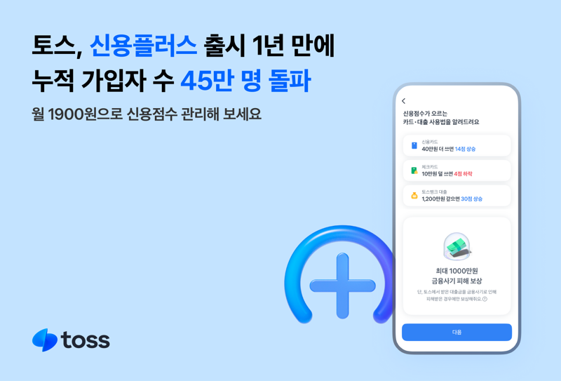 토스, 신용플러스 출시 1년 만에 누적 가입자 수 45만 돌파