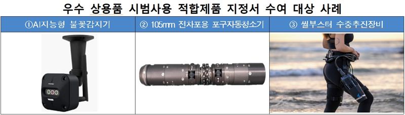 우수 상용품 시범사용 적합해외 바카라 사이트 지정서 수여 대상 사례, ① 사람이 사용하는 불을 배제하고 극초기의 화재 불꽃도 인식할 수 있는 감지기 ② 포신 내부에 사격 후 남아 있는 탄매, 이물질 등을 자동으로 청소하는 기기 ③ 양손을 자유롭게 사용할 수 있는 웨어러블 타입의 수중추진 장비. 국방부 제공