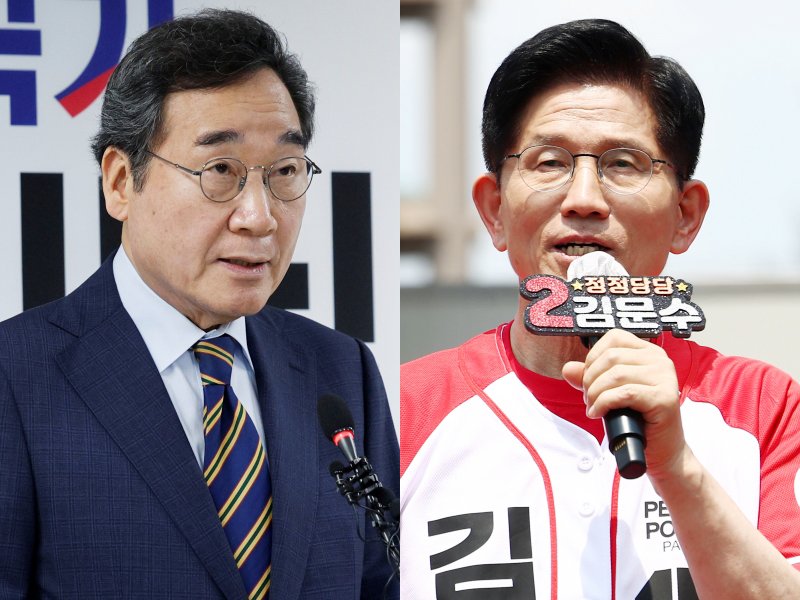이낙연 새미래민주당 상임고문(왼쪽)이 27일 서울 여의도 당사에서 김문수 국민의힘 대통령 후보와의 개헌·공동라이브 바카라 연대와 김 후보 지지를 선언하며 기자회견을 했다. 오른쪽은 김문수 후보의 유세 모습. 2025.5.27/라이브 바카라1 ⓒ News1 안은나 기자