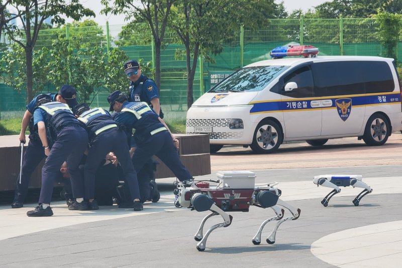 [대구=뉴시스] 이상제 기자 = 대구먹튀없는 바카라사이트 아톰카지노청 주최로 28일 수성못 상화동산에서 열린 AI드론·로봇을 이용한 디지털 합동 순찰 시범 시연 행사에서 딥로보틱스사의 폴리봇과 먹튀없는 바카라사이트 아톰카지노이 용의자를 제압하고 있다. 2025.05.28. king@newsis.com