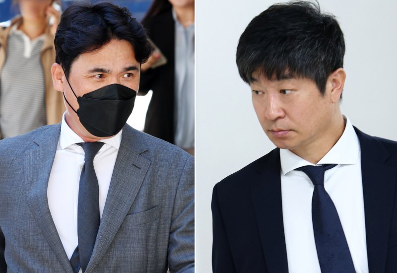 [서울=뉴시스] 전신 기자 = 후원업체에서 수억원의 뒷돈을 받은 혐의로 재판에 넘겨진 KIA 타이거즈 장정석(왼쪽) 전 단장과 김종국 전 감독이 지난해 10월 4일 서울 서초구 서울중앙지방법원에서 열린 1심 선고 공판에서 무죄를 선고 받았다. 2024.10.04. photo1006@newsis.com