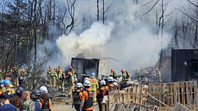 29일 오후 1시 35분쯤 경북 포항 남구 동해면 야산에 해군 해상 초계기 (P-3C)가 추락해 출동한 소방관이 진화작업을 벌이고 있다. 뉴스1