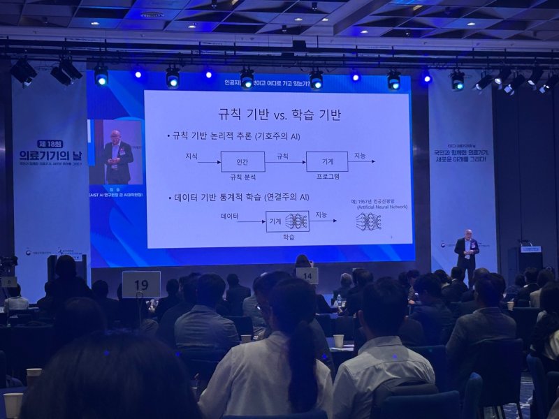 정송 KAIST AI연구원장 겸 AI대학원장이 29일 서울 강서구 코엑스 마곡 컨벤션센터에서 열린 '제18회 의료기기의 날' 기념식에서 '인공지능, 무엇이고 어디로 가고 있는가?'란 주제로 기조연설을 진행하고 있다. 2025.5.29/뉴스1 ⓒ News1 문대현 기자