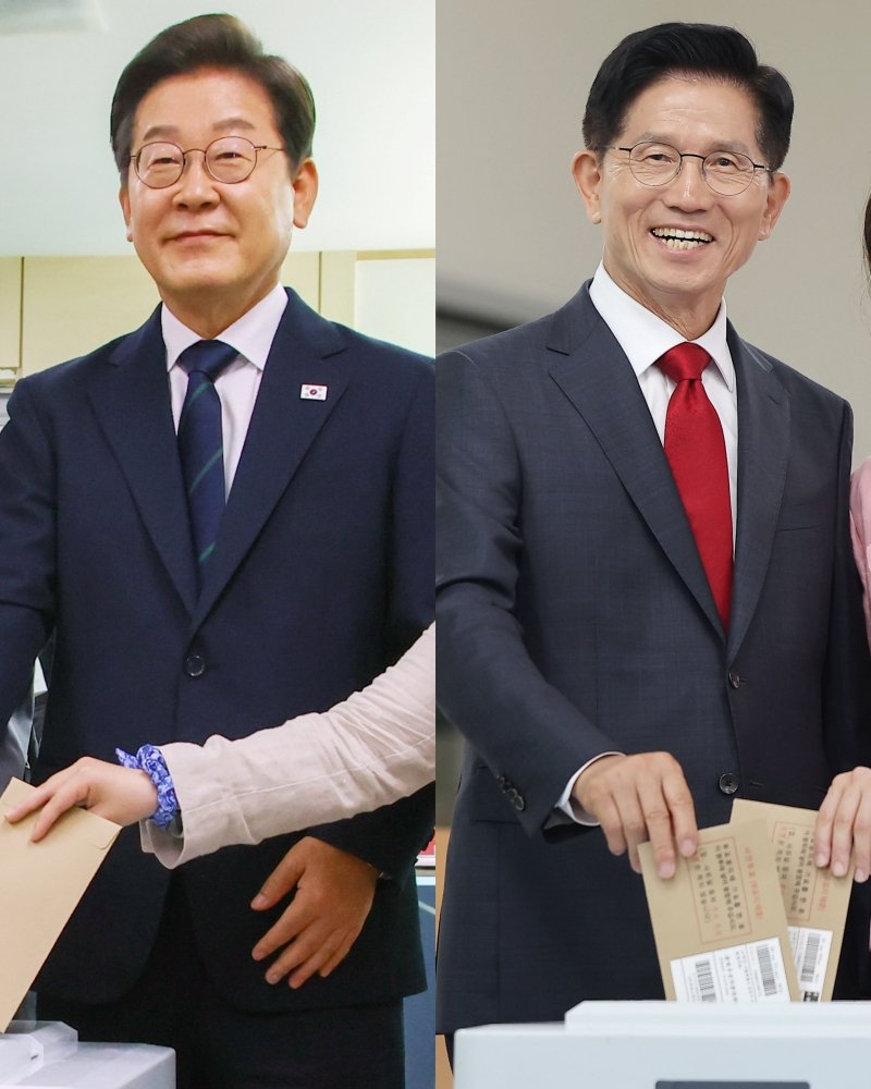이재명 더불어민주당 대통령 후보(왼쪽)와 김문수 국민의힘 대통령 후보가 제21대 대통령선거 사전투표 첫날인 29일 오전 각각 서울 서대문구 구 신촌동주민센터와 인천 계양1동 주민센터에서 투표를 하고 있다. (공동취재) 2025.5.29/뉴스1 ⓒ News1 안은나 기자