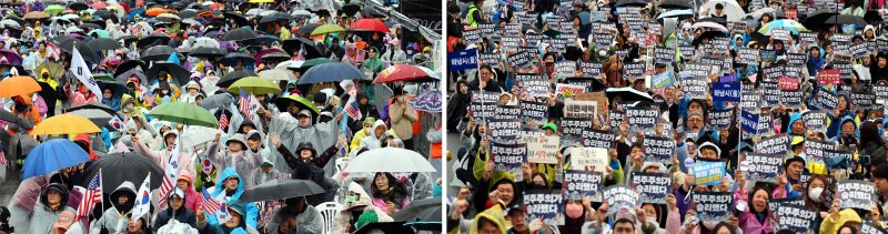 [서울=뉴시스] 박주성 기자 = 헌법재판소가 윤석열 대통령의 파면을 선고한 이튿날인 5일 서울 종로구 동화면세점 앞과 광화문 동십자각 앞에서 윤석열 전 대통령 지지자들과 자유통일당 등 보수단체 회원들(왼쪽), 민주노총과 윤석열즉각퇴진·사회대개혁 비상행동 등이 탄핵 무효를 촉구하는 바카라사이트 벳위즈와 탄핵을 축하는 바카라사이트 벳위즈를 하고 있다. 2025.04.05. park7691@newsis.com