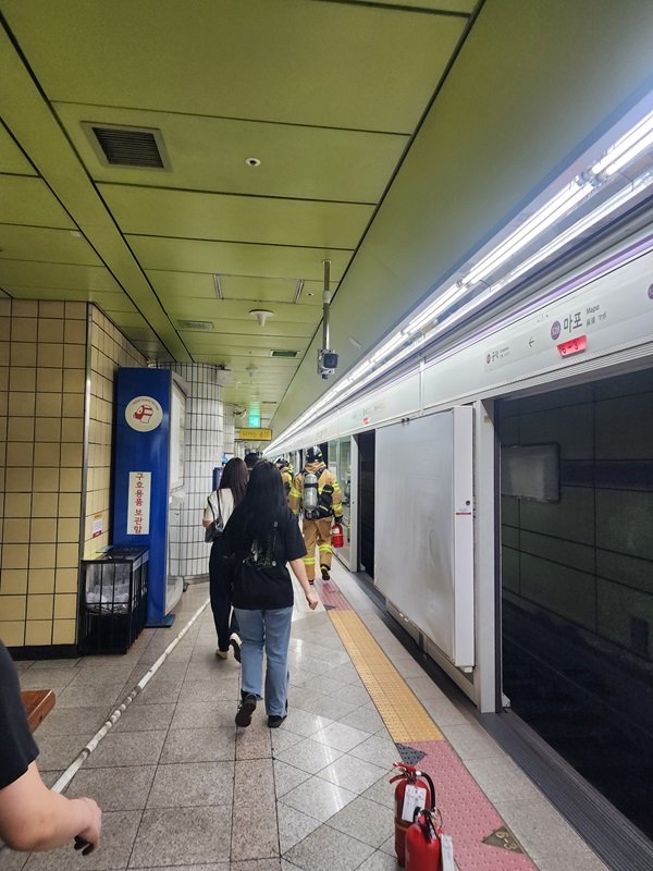 [바카라사이트 소울카지노=뉴시스]31일 오전 8시43분께 바카라사이트 소울카지노 여의나루역과 마포역 사이를 지나던 5호선 열차 안에서 불이 나 승객들이 승강장 쪽으로 대피하고 있다. (사진= 독자 제공)