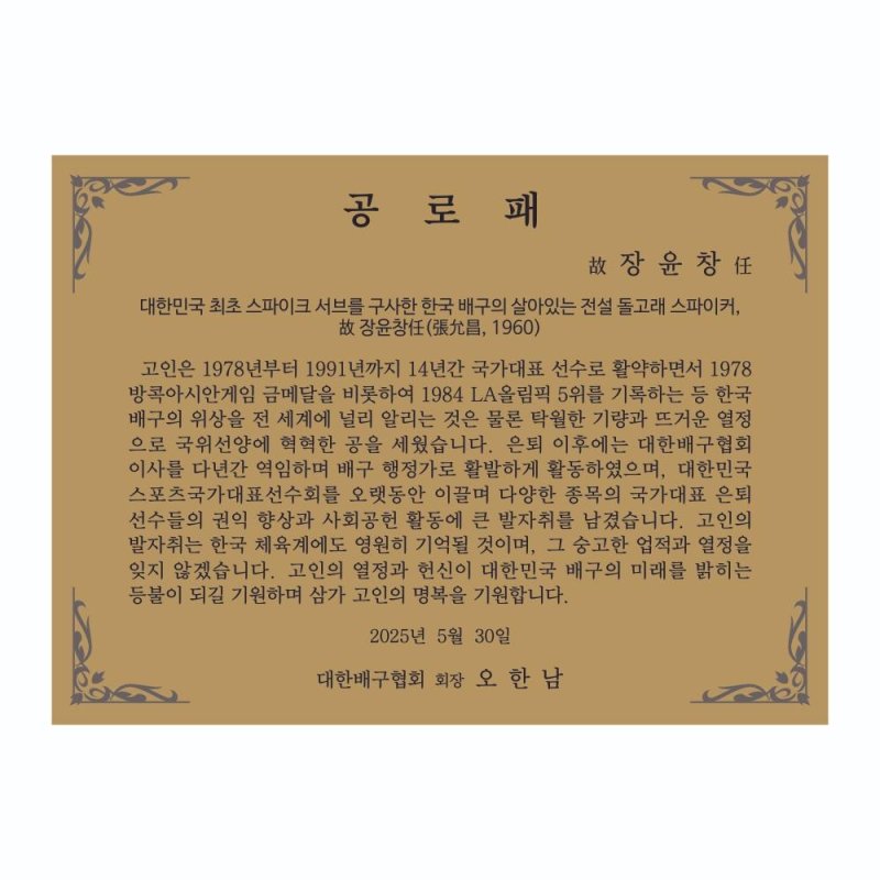 대한배구협회가 고(故) 장윤창 교수 유족에게 수여한 공로패 (출처=연합뉴스)