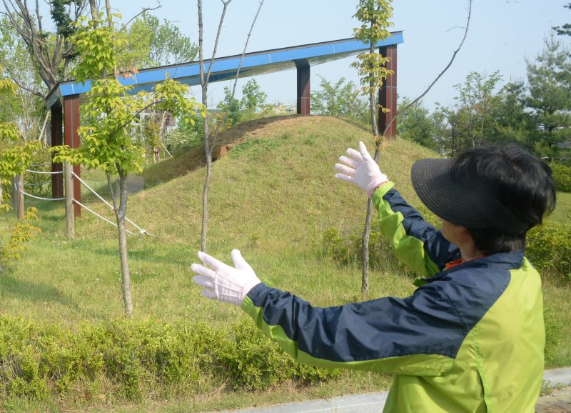 [전주=뉴시스] 김얼 기자 = 전북 전주시 덕진구 만성동에 위치한 문화공원을 찾은 한 시민이 나무에 생긴 상처를 설명하고 있다. 2025.06.01. pmkeul@newsis.com