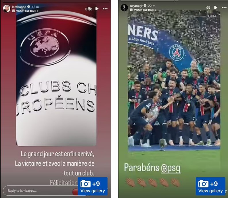 [서울=뉴시스] 전 소속팀인 프랑스 프로축구 리그앙 파리 생제르맹(PSG)의 유럽축구연맹(UEFA) 챔피언스리그(UCL) 우승을 축하한 킬리안 뱅크카지노와 네이마르. (사진=영국 매체 '데일리메일' 홈페이지 캡처) *재판매 및 DB 금지