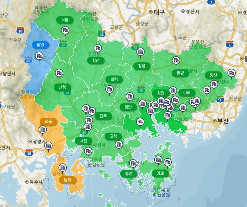 1일 오후 4시 기준 경남 마카오카지노 경보 발령 현황도.(경남도 대기 환경정보 누리집 갈무리. 재판매 및 DB 금지)