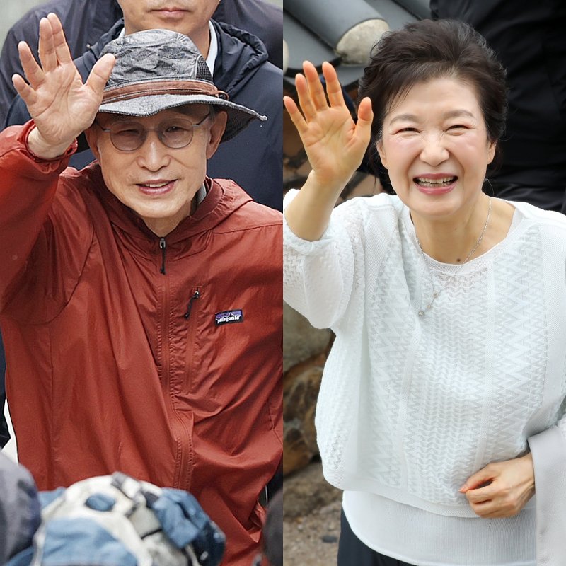 제21대 대통령선거를 하루 앞둔 2일 이명박·박근혜 전 대통령이 나란히 공개 행보에 나섰다. 사진은 서울시장 재임 시절 복원한 청계천을 찾은 이명박 전 대통령과 부산 금정구 범어사를 방문한 박근혜 전 대통령. 2025.6.2/뉴스1 ⓒ News1 황기선 기자,윤일지 기자
