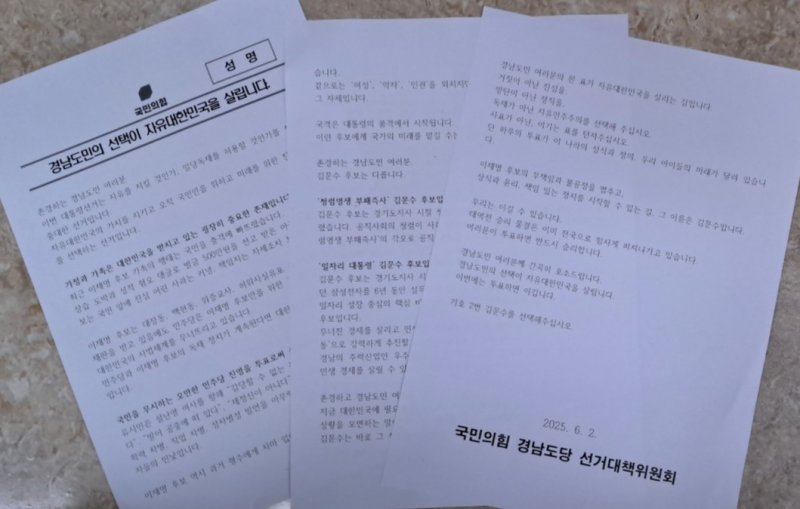 [창원=뉴시스]국민의힘 경남도당 선거대책위원회가 제21대 대통령선거 본투표를 하루 앞둔 2일 언론사에 배포한 '김문수 후보 선택 호소' 성명.(자료=국민의힘 경남도당 제공) 2025.06.02. photo@newsis.com