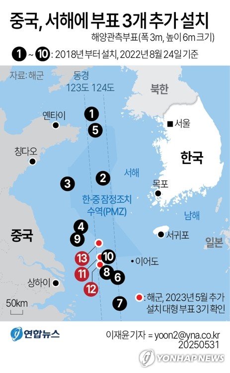 [그래픽] 중국, 서해에 부표 3개 추가 설치(종합) (출처=연합뉴스)