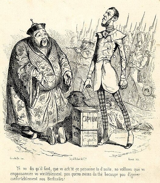 제1차 아편전쟁을 풍자한 삽화. (출처: Jean-Jacques Grandville, 1840, Public domain, via Wikimedia Commons)