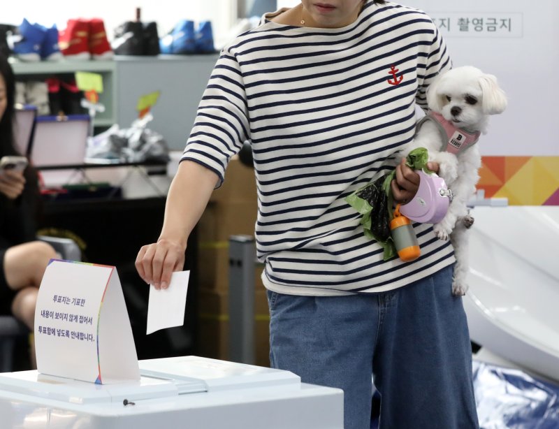 제21대 대통령 선거일인 3일 부산 수영구 레슬링넘버원 멀티짐에 마련된 남천제2동 제3신규 바카라사이트소에서 유권자가 반려견을 안고 신규 바카라사이트하고 있다. 2025.6.3/뉴스1 ⓒ News1 윤일지 기자
