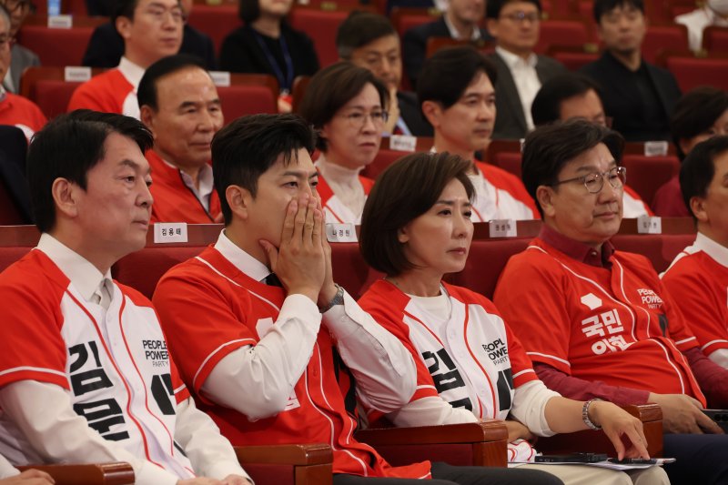 [서울=뉴시스] 고승민 기자 = 김용태 메이저 바카라사이트 주사위 비상대책위원장과 권성동 공동선대위원장 등 참석자들이 3일 서울 여의도 국회도서관에 마련된 제21대 대통령선거 개표상황실에서 굳은 표정을 짓고 있다. 2025.06.03. kkssmm99@newsis.com