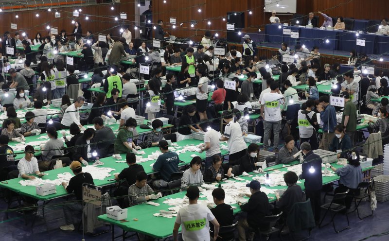 제21대 대통령 선거 우리카지노 바카라사이트가 종료된 3일 오후 부산 남구 국립부경대학교 대연캠퍼스 체육관에 마련된 개표소에서 개표사무원들이 우리카지노 바카라사이트지 분류 작업을 하고 있다. 2025.6.3/뉴스1 ⓒ News1 윤일지 기자