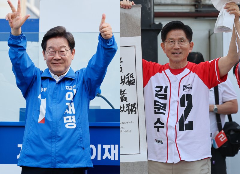 이재명 더불어민주당(왼쪽), 김문수 국민의힘 대통령 후보가 캐스팅보트인 충청권 공략에 나선 25일 각각 충남 천안시 신부문화거리와 서산시 중앙통 로데오거리에서 유세를 펼치고 있다. 2025.5.25/뉴스1 ⓒ News1 안은나 기자,김민지 기자