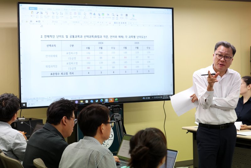 임성호 종로학원 대표와 강사들이 4일 오전 서울 양천구 종로학원 분석상황실에서 6월 평가원 모의고사 문제분석 회의를 하고 있다. (공동취재) 2025.6.4/뉴스1 ⓒ News1 이승배 기자