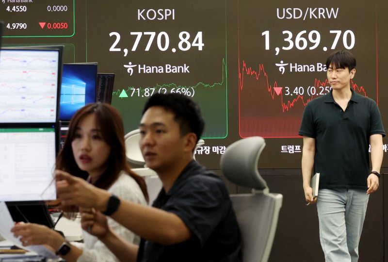 [서울=뉴시스] 김진아 기자 = 이재명 대통령의 증시 부양 기대감에 증권주가 일제히 강세를 보이고 있는 4일 서울 중구 하나은행 딜링룸에서 딜러들이 업무를 보고 있다. 코스피는 전 거래일(2698.97)보다 71.87포인트(2.66%) 급등한 2770.84에, 코스닥 지수는 전 거래일(740.29)보다 9.92포인트(1.34%) 오른 750.21에 거래를 종료했다. 서울 외환시장에서 원·달러 환율은 전 거래일(1373.1원)보다 3.6원 내린 1369.5원에 주간 거래를 마감했다. 2025.06.04. bluesoda@newsis.
