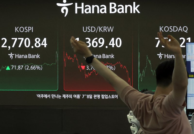 강력한 자본시장 선진화 의지를 보여온 이재명 대통령 취임 첫날인 4일 오후 서울 중구 하나은행 본점 딜링룸 전광판에 증시가 표시되고 있다. 2025.6.4/뉴스1 ⓒ News1 박정호 기자