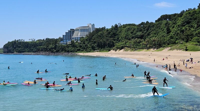 [서귀포=뉴시스] 우장호 기자 = 여름 날씨를 보인 5일 제주 서귀포시 중문색달해수욕장에서 물놀이객이 서핑을 배우며 즐거운 시간을 보내고 있다. 2025.06.05. woo1223@newsis.com